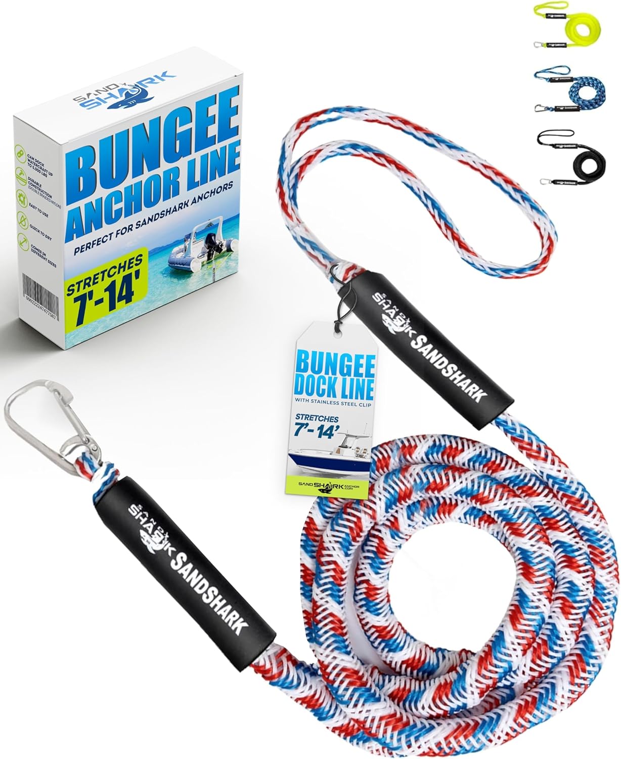 7-14ft Bungee Dock Line, Anchor Line, by Sandshark – Perfect Docking Solution for Boats & Jet Skis