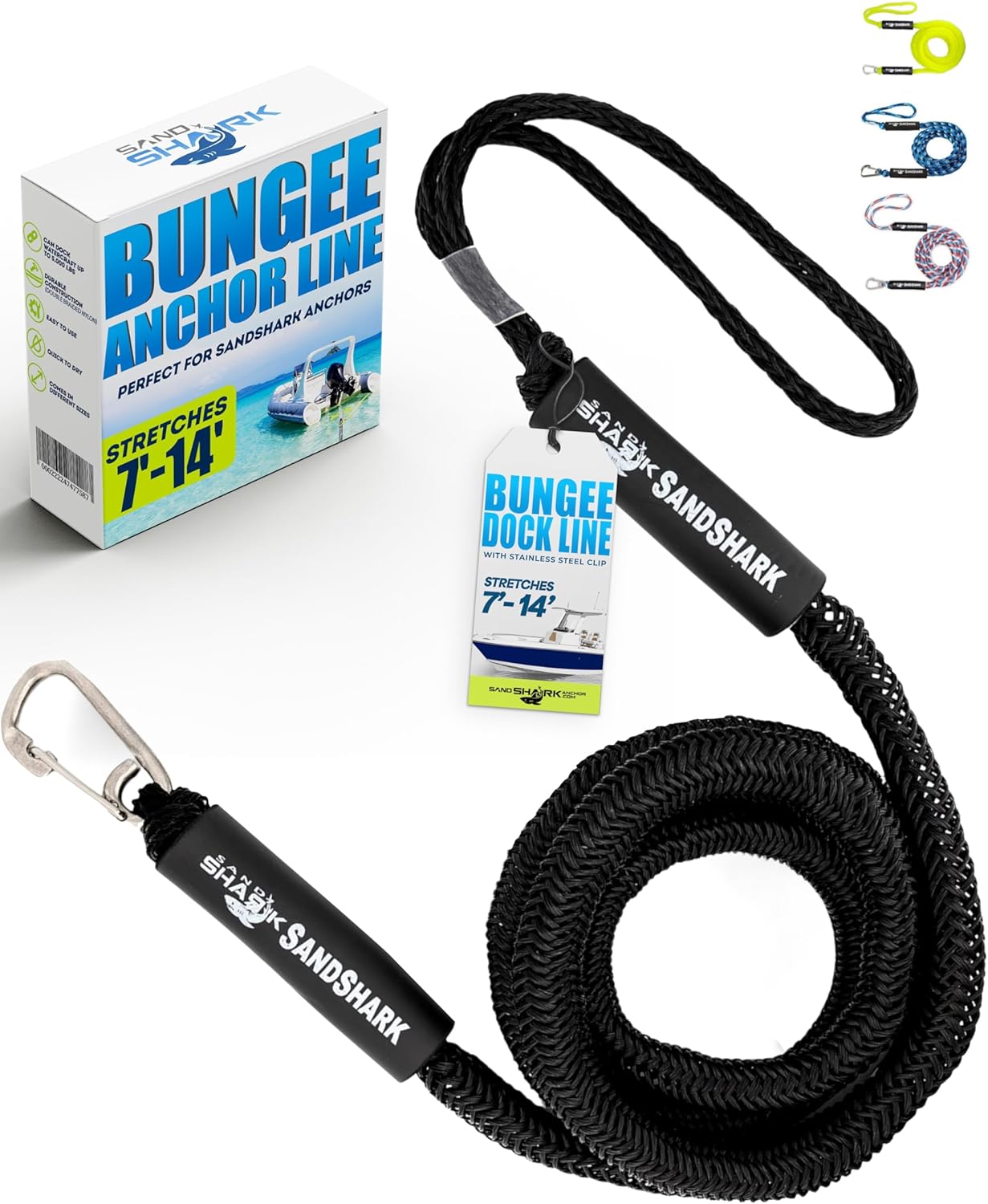 7-14ft Bungee Dock Line, Anchor Line, by Sandshark – Perfect Docking Solution for Boats & Jet Skis