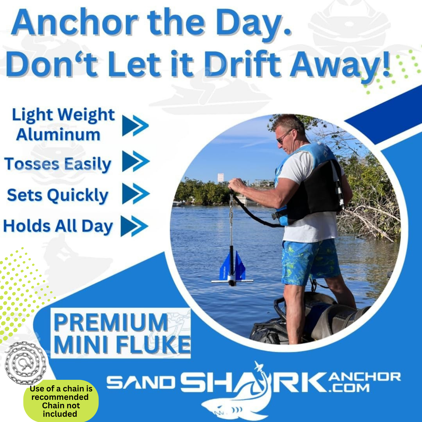 Mini Fluke Anchor– Compact, Powerful Anchor for Jet Skis, PWCs, Kayak, & Small Boats (Anchor, Line, Case)